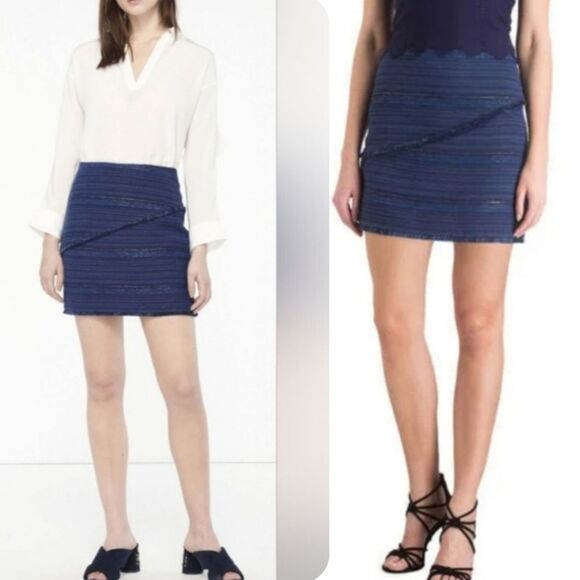 SANDRO Paris Size 4-6 Dakota Blue Metallic Stripe Fringe Tweed Mini Skirt Preppy - Picture 1 of 15